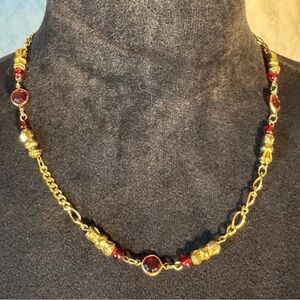 Vintage Dainty Gold-tone & Red Glass Necklace Signed Korea; 19”